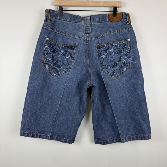 RocaWear Baggy Denim Shorts 38 Embroidered Pockets Hip Hop Streetwear Y2K - Picture 2 of 9